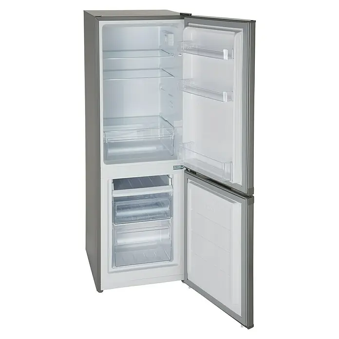 PKM Kühl-Gefrierkombination KG 173 IX-M - Nutzinhalt Gesamt: 173 l, 56 x 50 x 142,2 cm, Silber - Offener Kühlschrank mit Regalen und Fächern.