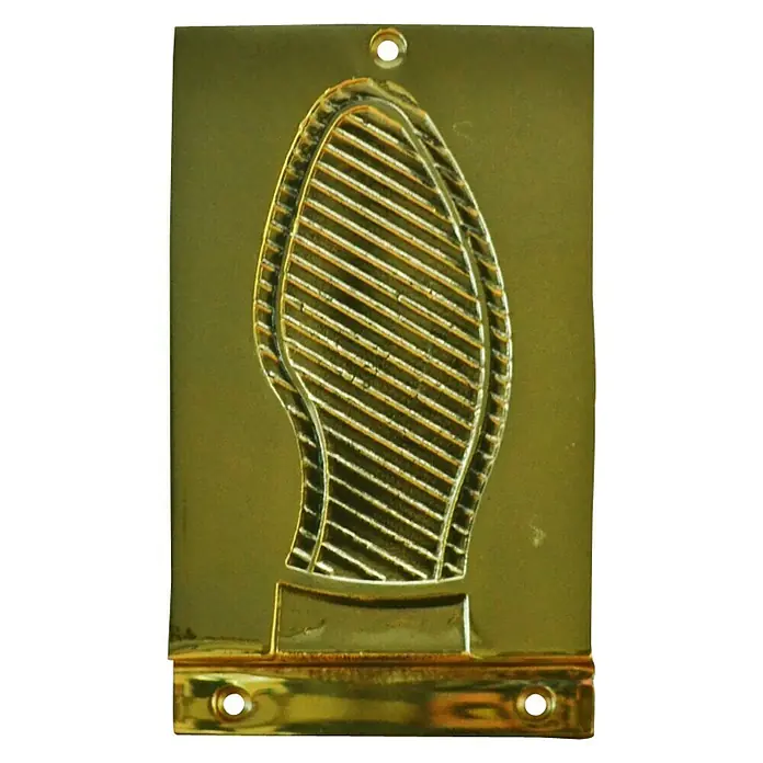 Micel Tope de puerta - L x An: 147 x 98 mm, Latón satinado - Rascador de zapatos metálico dorado con perfil de huella y orificios de montaje para uso exterior.