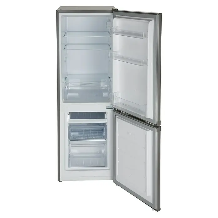 PKM Kühl-Gefrierkombination KG 173 IX-M - Nutzinhalt Gesamt: 173 l, 56 x 50 x 142,2 cm, Silber - Offener Kühlschrank mit Regalen und Schubladen, ideal für die Aufbewahrung von Lebensmitteln und Getränken.