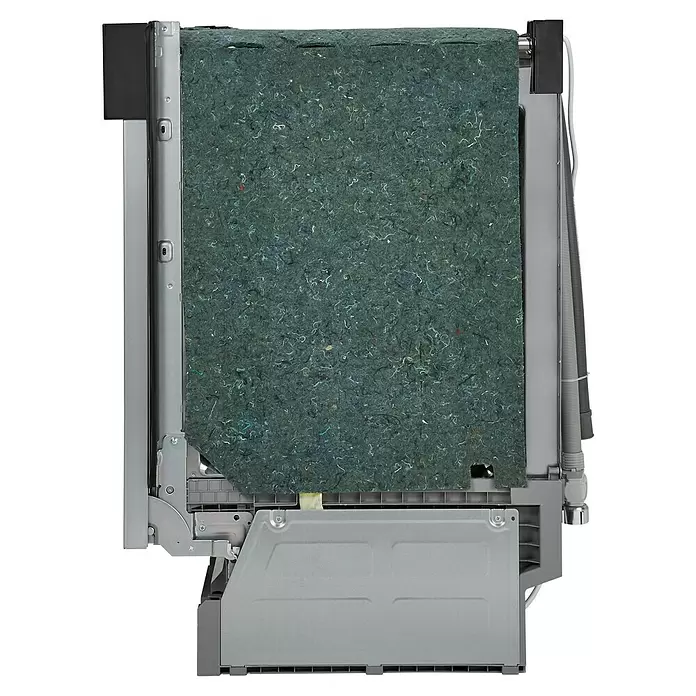 Wolkenstein Einbaugeschirrspüler WGSP14 6DTI - Breite: 59,8 cm, Anzahl Maßgedecke: 14 Stk., Teilintegriert - Seitenansicht einer Spülmaschine mit grauer Faserdämmung, Metallverkleidungen und Anschlussschläuchen.