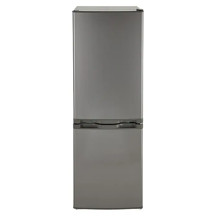 PKM Kühl-Gefrierkombination KG 173 IX-M - Nutzinhalt Gesamt: 173 l, 56 x 50 x 142,2 cm, Silber - Abgebildeter Kühlschrank mit Gefrierfach in Silber. Das Gerät ist schmal, aufrecht und ideal für kleinere Küchen.