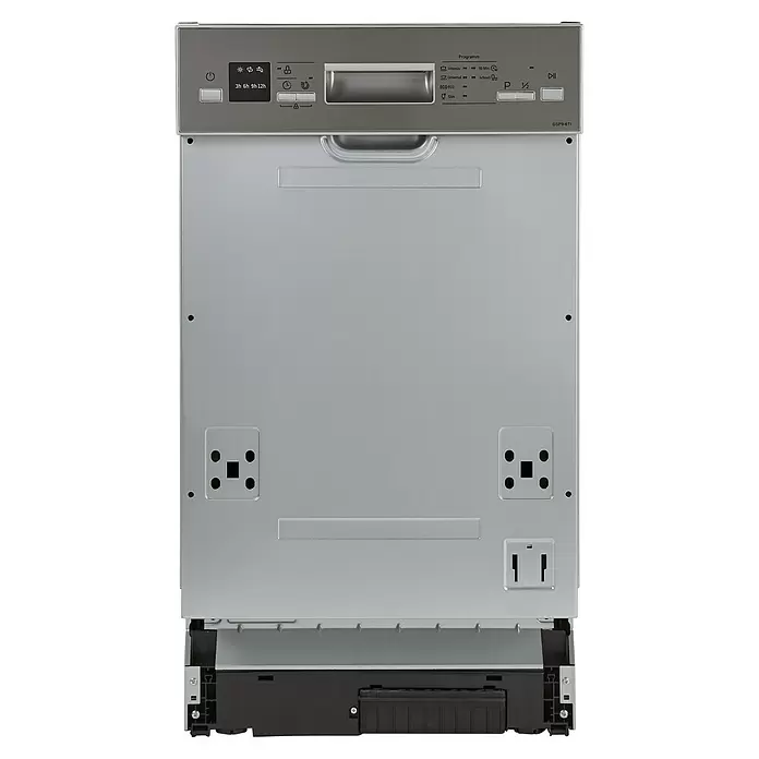 PKM Einbaugeschirrspüler GSP9 6TI - Breite: 44,8 cm, Anzahl Maßgedecke: 9 Stk., Teilintegriert - Silberner Einbaugeschirrspüler mit metallischem Finish, Steuerfeld und Einstellungen.