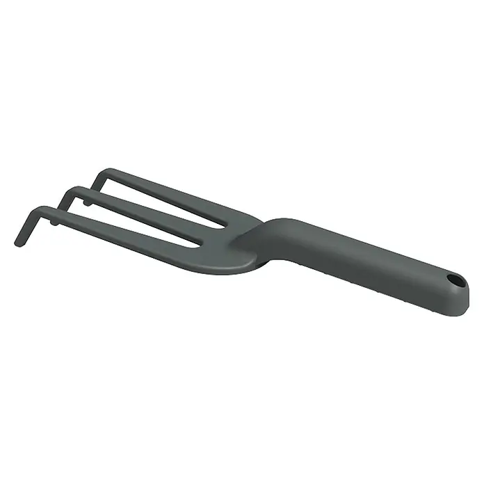 Artevasi Hand-Kleinrechen - Länge: 26 cm, Anthrazit - Nahaufnahme einer kleinen, grauen Gartenkralle mit drei Zinken und einem geformten Griff mit Aufhängeloch.