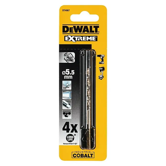 DeWalt Broca para metal DT4907-QZ - 1 ud., Diámetro de la broca: 5,5 mm - Broca DeWALT EXTREME, 5,5 mm, diseñada para perforaciones precisas en acero inoxidable y diversos materiales, uso industrial.
