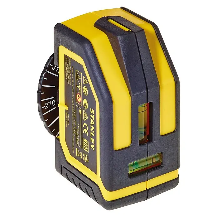 Stanley Láser de línea STHT1-77148 - Zona de trabajo máx.: 4,5 m - Láser de líneas cruzadas Stanley amarillo y negro para una nivelación precisa, con dial giratorio y niveles de burbuja.