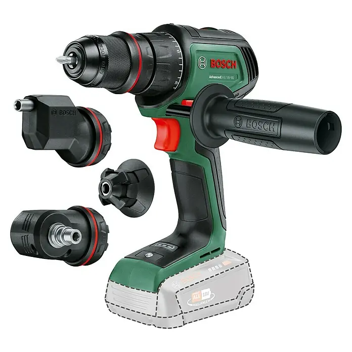 Bosch Power for All 18V Akku-Bohrschrauber AdvancedDrill 18V-80 QuickSnap - 18 V, Ohne Akku, 78 Nm, 3 Aufsätze - Abbildung eines Bosch AdvancedDrill 18V-80 Akku-Bohrschraubers mit verschiedenen Aufsätzen und einem Zusatzhandgriff.