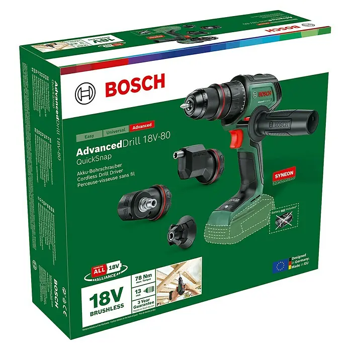 Bosch Power for All 18V Akku-Bohrschrauber AdvancedDrill 18V-80 QuickSnap - 18 V, Ohne Akku, 78 Nm, 3 Aufsätze - Die Verpackung des Bosch AdvancedDrill 18V-80 Akku-Bohrschraubers mit QuickSnap-System, ideal für vielseitige Bohranwendungen.