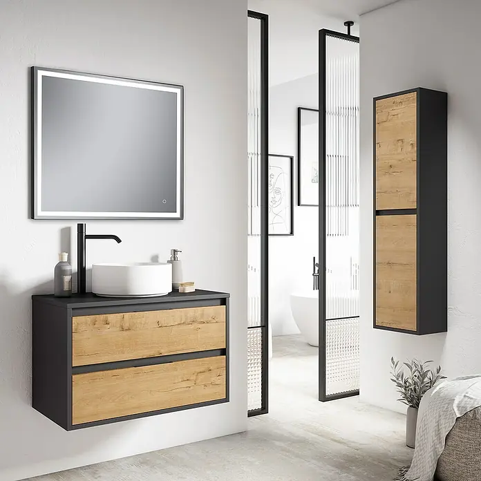 Camargue Espejo con luz Lisbeth - 80 x 80 cm, Sensor, Negro - Moderno conjunto de baño con mueble lavabo, espejo y armario alto en colores madera y antracita para un ambiente elegante.