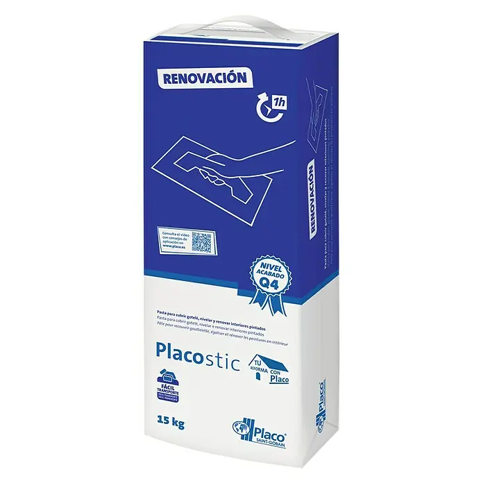 Placo Saint-Gobain Revoco de yeso Placostic Renovación 1h - 15 kg - Pasta de renovación Placostic para cubrir, nivelar y renovar interiores. Saco de 15 kg con calidad Placo para un resultado perfecto.