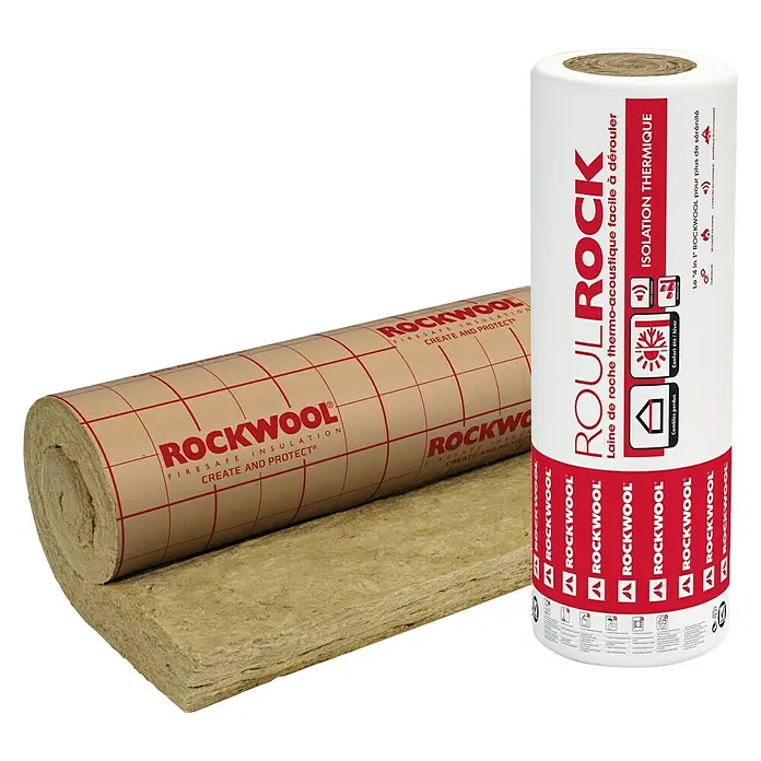 Rockwool Lana de roca Roulrock KRAFT con papel - L x An x Es: 6 m x 1,2 m x 80 mm - Primer plano del aislamiento ignífugo Rockwool, diseñado para aislamiento térmico y acústico.