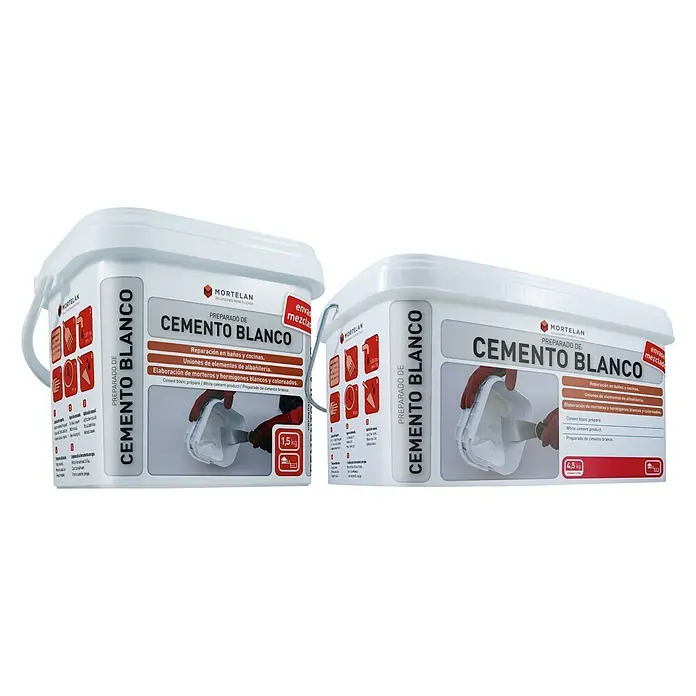 Gecol Cemento blanco Mortelan - 1,5 kg - Dos recipientes de cemento blanco Mortelan, ideales para reparaciones y trabajos de albañilería, con 1,5 kg y 4,5 kg.