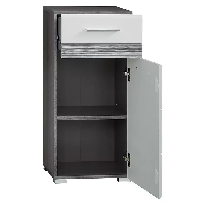 Trendteam Set-One Unterschrank - 37 x 31 x 80 cm, Sardegna Silber/Weiß - Zweifarbiger Nachttisch mit dunkelgrauem Korpus, weißer Schublade und geöffneter hellgrauer Tür, die zwei Fächer zeigt.