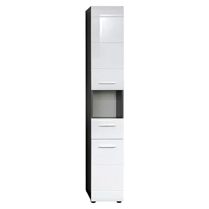 Trendteam Line Hochschrank - 30 x 31 x 182 cm, Sardegna Silber/Weiß - Hoher Schrank mit hochglänzenden weißen Türen und Schubladen, dunklen Seitenwänden und offenem Staufach.