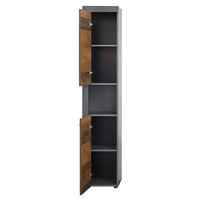 Trendteam Indy Hochschrank - 36 x 31 x 184 cm, Matera/Old Wood - Hoher Schrank mit hellgrauem Rahmen, dunkelgrauen Innenböden und zwei offenen rustikalen Holztüren.