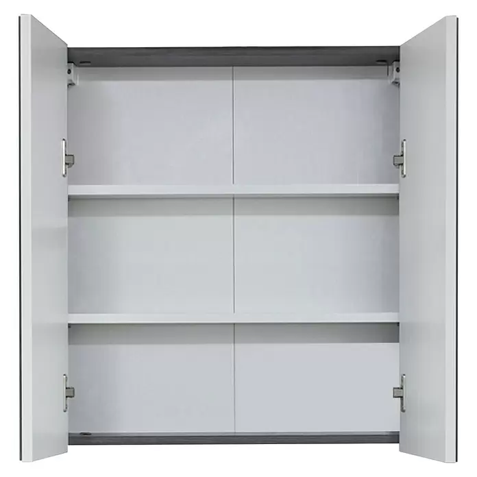 Trendteam Line Spiegelschrank - B x H: 60 x 67 cm, Ohne Beleuchtung, Holz, Sardegna Rauchsilber - Weißer Wandschrank mit zwei Innenböden und offenen Türen.