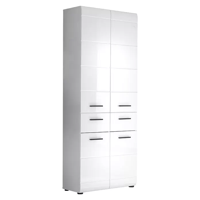 Trendteam Skin Hochschrank - 60 x 31 x 182 cm, Weiß - Weißer Hochglanz-Kleiderschrank mit sechs Schubladen und schwarzen Griffen.