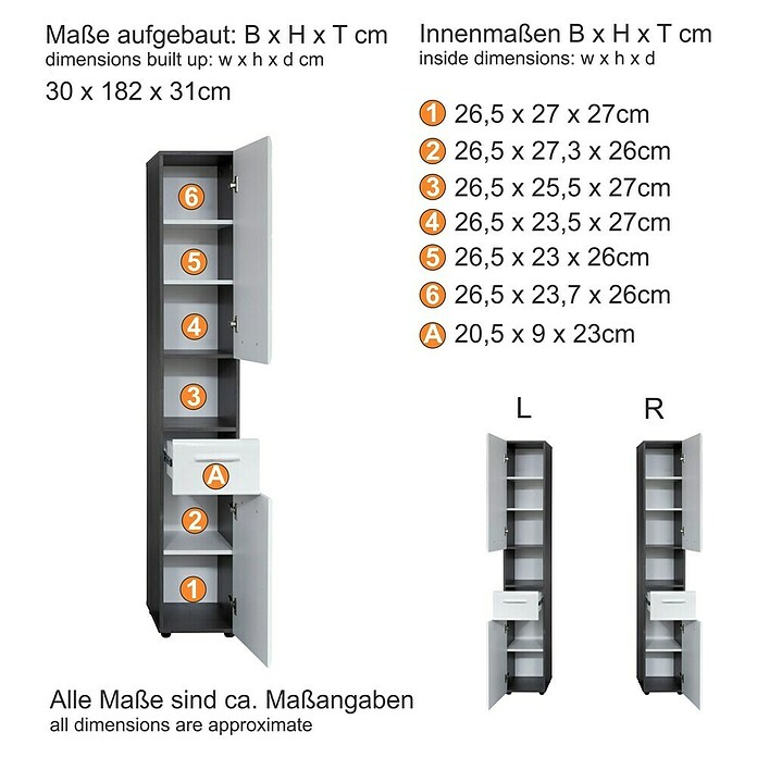 Trendteam Line Hochschrank (30 x 31 x 182 cm, Sardegna Silber/Weiß) | BAUHAUS