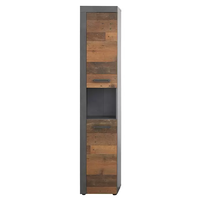 Trendteam Indy Hochschrank - 36 x 31 x 184 cm, Matera/Old Wood - Hoher schmaler Schrank mit dunkelgrauem Rahmen, zwei rustikalen Holztüren, Metallgriffen und einem offenen Fach.