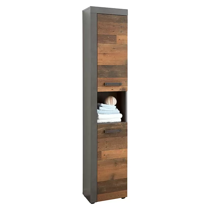 Trendteam Indy Hochschrank - 36 x 31 x 184 cm, Matera/Old Wood - Hochschrank mit dunkelgrauem Rahmen und rustikalen Holztüren, offenes Fach mit Handtüchern.