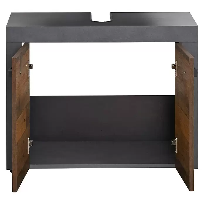 Trendteam Indy Waschtischunterschrank - 72 x 34 x 56 cm, Matera/Old Wood, Matt - Dunkelgrauer Waschtischunterschrank mit offenen dunkelbraunen Holztüren.