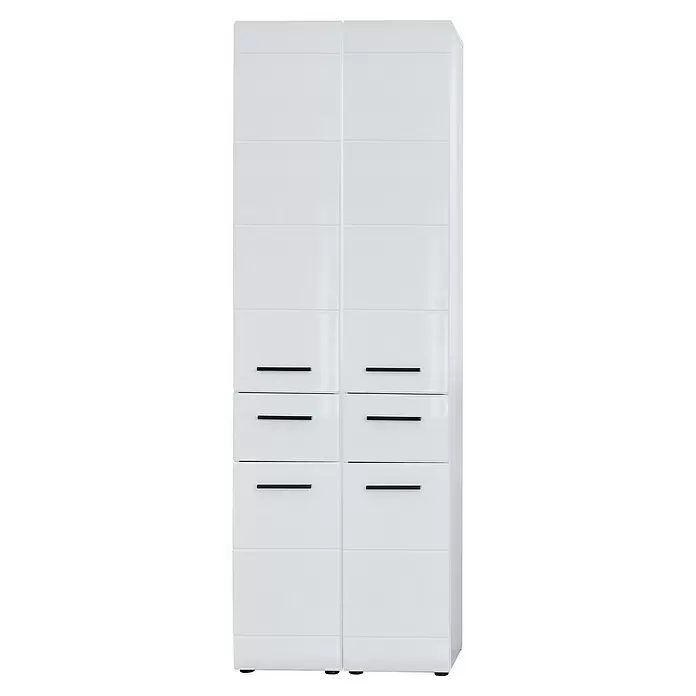 Trendteam Skin Hochschrank - 60 x 31 x 182 cm, Weiß - Hoher weißer Schrank mit zwei Sektionen, oben Türen und unten mehrere Schubladen mit schwarzen Griffen.