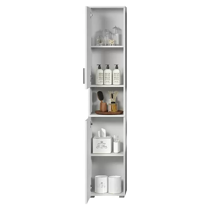 Trendteam Wons Hochschrank - 37 x 31 x 192 cm, Weiß - Weißer Badezimmerschrank mit Regalen, auf denen Toilettenartikel und Accessoires stehen.