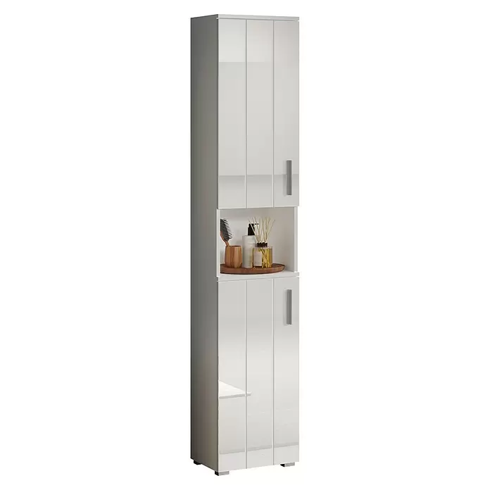 Trendteam Wons Hochschrank - 37 x 31 x 192 cm, Weiß - Hoher Badezimmerschrank mit glänzend weißen Türen, einer grauen Seitenwand und einem offenen Fach mit Bürste, Seife und Diffusor.