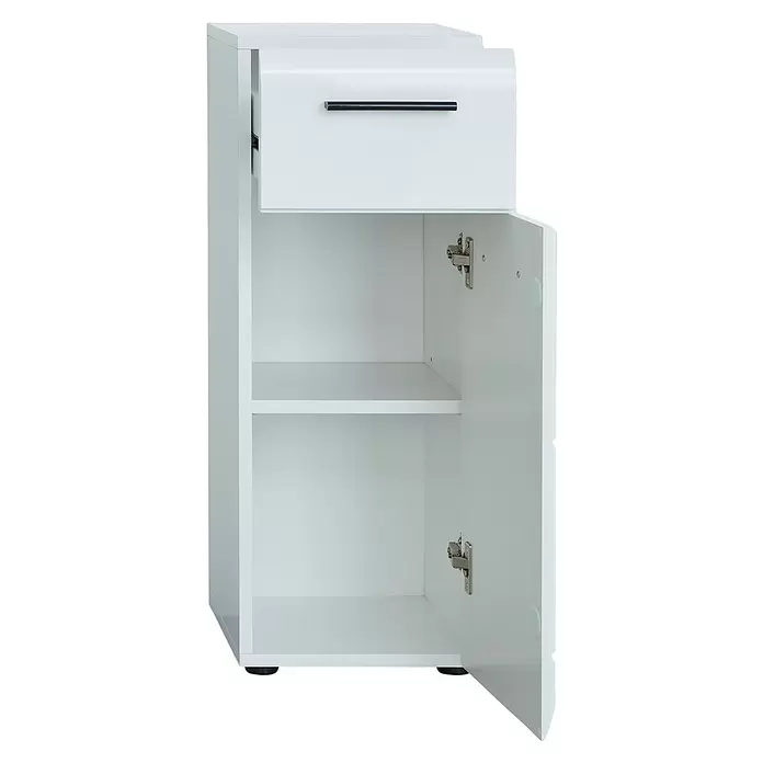 Trendteam Skin Unterschrank - 30 x 31 x 79 cm, Weiß - Weißer Aufbewahrungsschrank mit einer Schublade und einer offenen Tür, die zwei Regale zeigt.