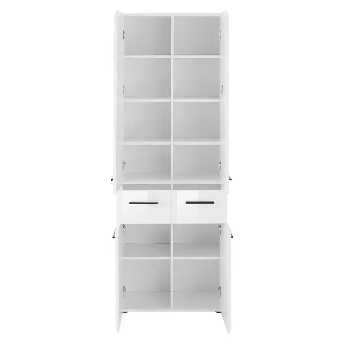 Trendteam Skin Hochschrank - 60 x 31 x 182 cm, Weiß - Weißer Lagerschrank mit offenen Fächern, zwei Schubladen mit schwarzen Griffen und teils geöffneten Türen.