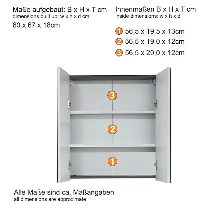 Trendteam Line Spiegelschrank - B x H: 60 x 67 cm, Ohne Beleuchtung, Holz - Offener weißer Badezimmerschrank mit zwei Regalböden, der Gesamt- und Fachmaße anzeigt.