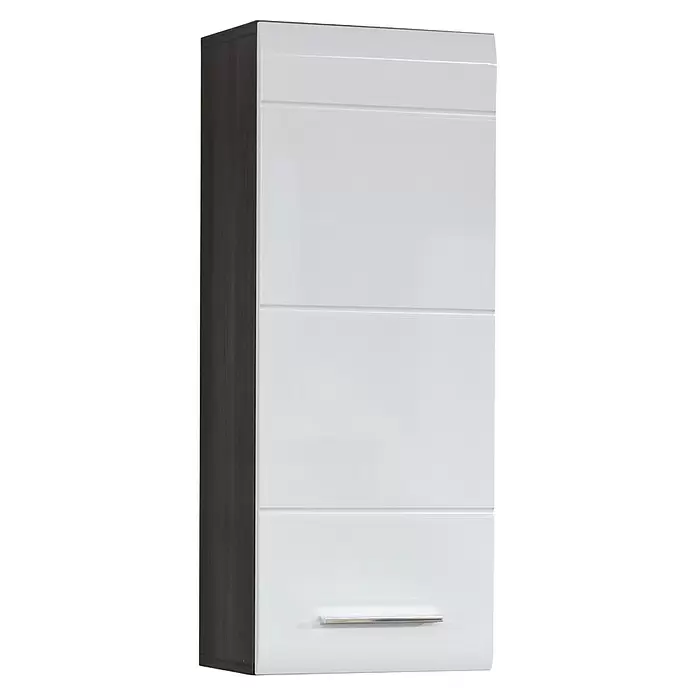 Trendteam Line Hängeschrank - 30 x 24 x 77 cm, Sardegna Silber/Weiß - Schmaler weißer Hochglanzschrank mit dunkler Holzoptik-Seitenwand, Querfugen und einem silbernen Griff.