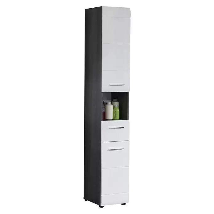 Trendteam Line Hochschrank - 30 x 31 x 182 cm, Sardegna Silber/Weiß - Hoher Aufbewahrungsschrank, dunkelgrau-weiß, mit Türen, Schubladen und offenem Fach.