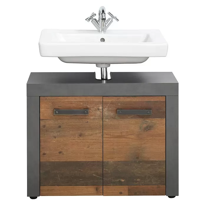 Trendteam Indy Waschtischunterschrank - 72 x 34 x 56 cm, Matera/Old Wood, Matt - Weißes rechteckiges Waschbecken mit Chromarmatur auf einem dunkelgrauen und rustikalen Holz-Badezimmerschrank mit zwei Türen.