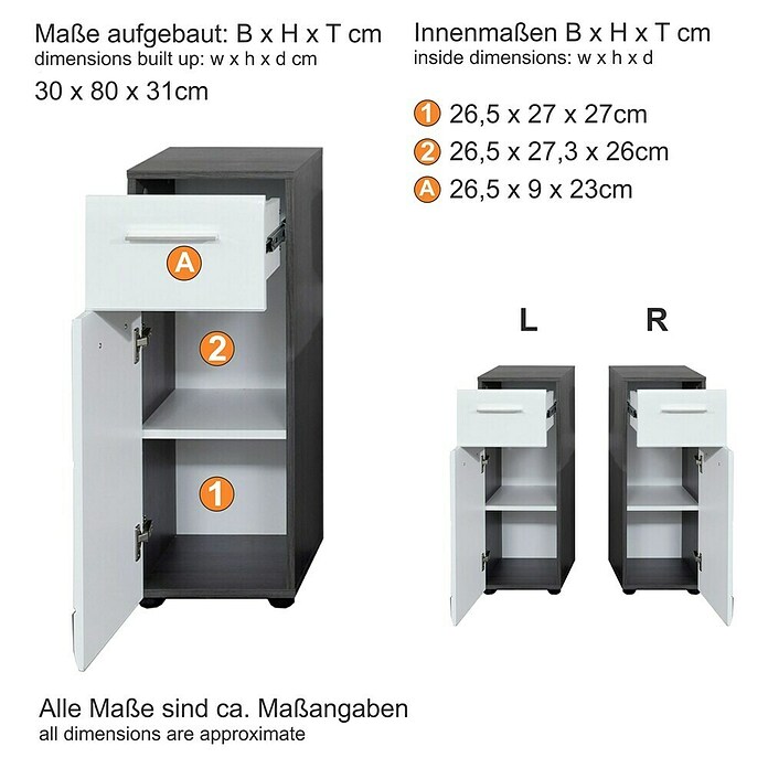 Trendteam Line Unterschrank (30 x 31 x 80 cm, Sardegna Silber/Weiß) | BAUHAUS