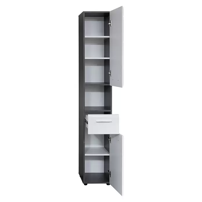 Trendteam Line Hochschrank - 30 x 31 x 182 cm, Sardegna Silber/Weiß - Hoher dunkelgrauer und weißer Schrank mit offenen Türen und Schublade, der Innenfächer zeigt.