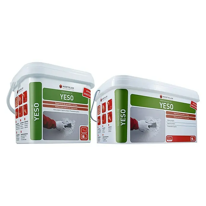 Pasta de yeso preparado Mortelan - 3 kg - Imagen de dos envases de yeso preparado Mortelan para reparación de paredes y techos, ideal para interiores.