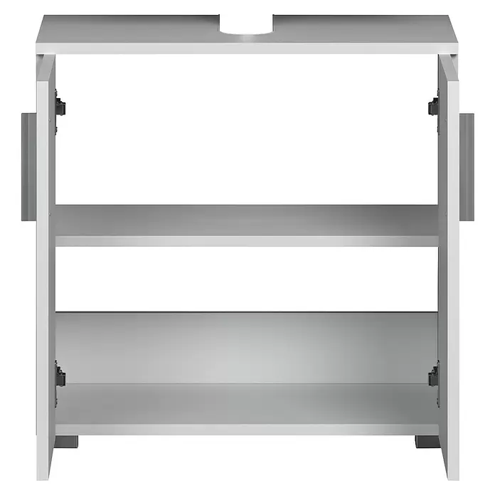 Trendteam Wons Waschtischunterschrank - 60 x 34 x 58 cm, Weiß, Glänzend - Weiß-grauer Schrank mit zwei halb geöffneten Türen und internen Regalböden.