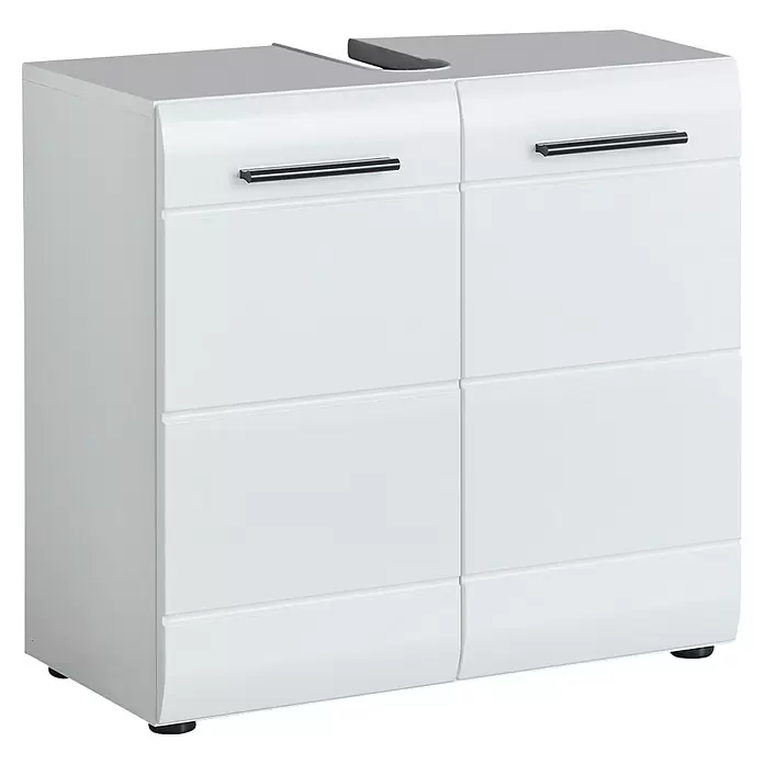 Trendteam Skin Waschtischunterschrank - 60 x 31 x 56 cm, Weiß, Glänzend - Weißer Waschtischunterschrank mit zwei Fächern, dunklen Griffen und Waschtischausschnitt.