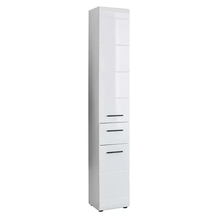 Trendteam Skin Hochschrank - 30 x 31 x 182 cm, Weiß - Weißer Hochglanz-Hochschrank mit drei Schubladen und schwarzen Griffen.
