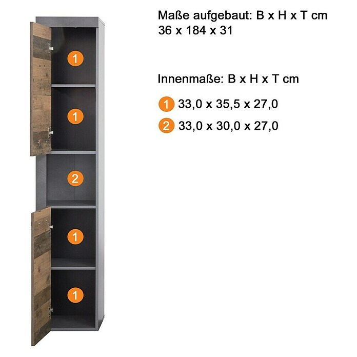 Trendteam Indy Hochschrank (36 x 31 x 184 cm, Matera/Old Wood) | BAUHAUS