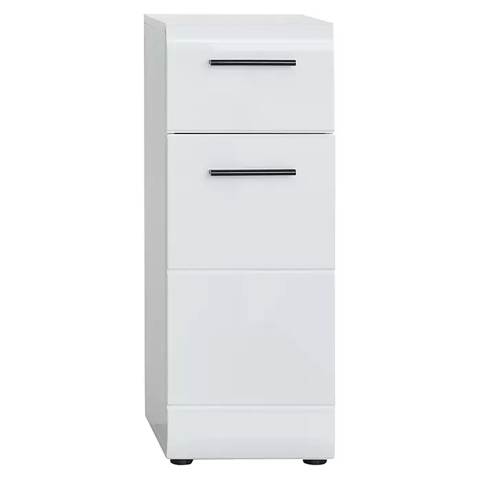 Trendteam Skin Unterschrank - 30 x 31 x 79 cm, Weiß - Weißer Hochschrank mit zwei Schubladen und schwarzen Stangengriffen.
