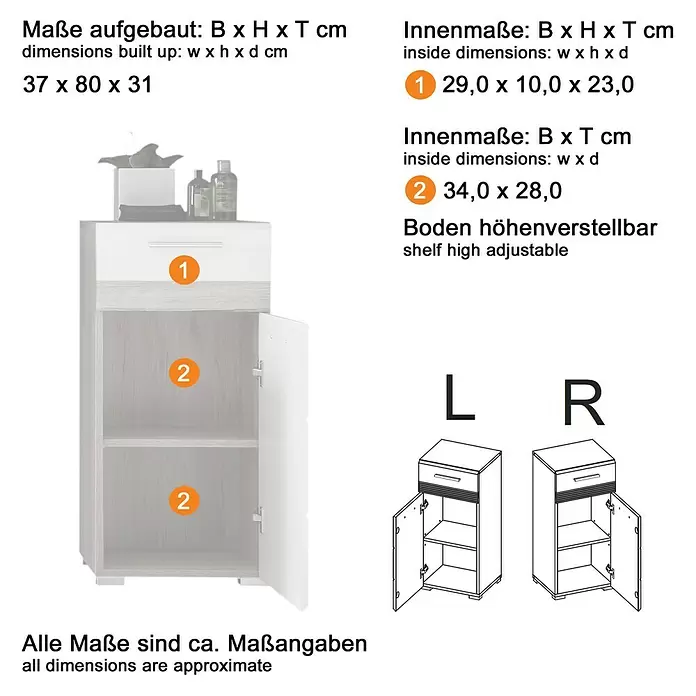 Trendteam Set-One Unterschrank - 37 x 31 x 80 cm, Sardegna Silber/Weiß - Weißer und Eichen-ähnlicher Badezimmerschrank mit einer Schublade und einem höhenverstellbaren Regal im unteren Fach.