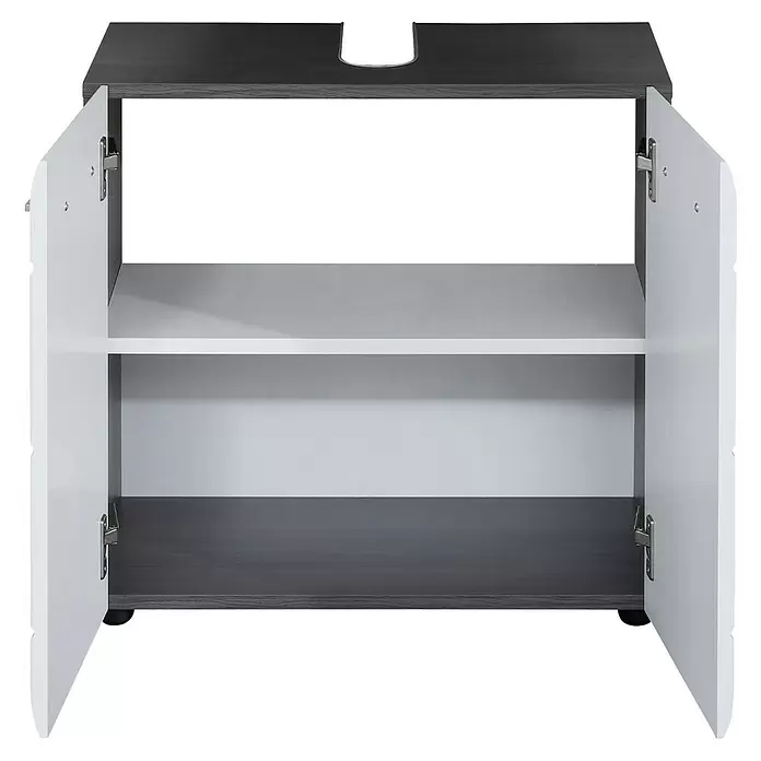 Trendteam Line Waschtischunterschrank - 60 x 31 x 57 cm, Sardegna Silber/Weiß, Glänzend - Offener Mediaschrank mit zwei Fächern in Dunkelgrau und Weiß mit Kabeldurchführung.