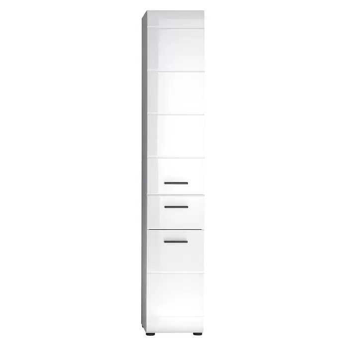 Trendteam Skin Hochschrank - 30 x 31 x 182 cm, Weiß - Hoher weißer Hochglanzschrank mit drei Schubladen und drei oberen Türen zur Aufbewahrung.
