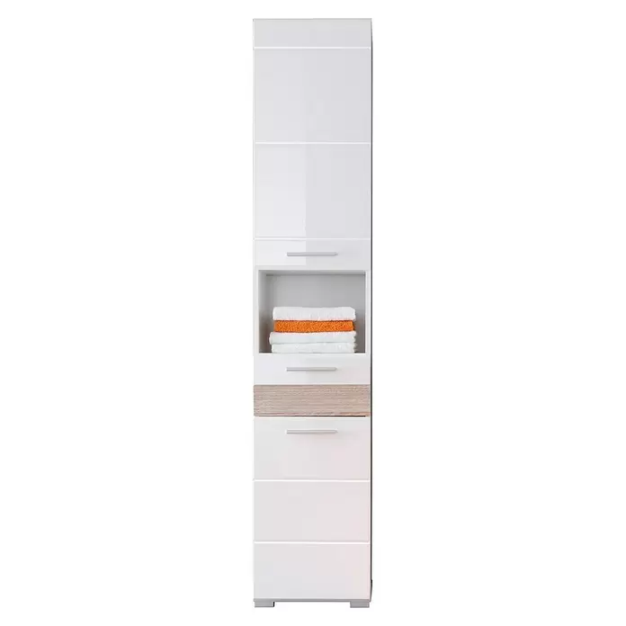Trendteam Mezzo Bad-Hochschrank - B x T x H: 37 x 31 x 182 cm, Weiß/Eiche Sägerau hell - Hoher, glänzender weißer Schrank mit offenem Fach (Handtücher) und Schublade in heller Holzoptik.