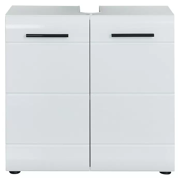 Trendteam Skin Waschtischunterschrank - 60 x 31 x 56 cm, Weiß, Glänzend - Weißer Badunterschrank mit zwei Türen, schwarzen Griffen und Siphon-Ausschnitt.