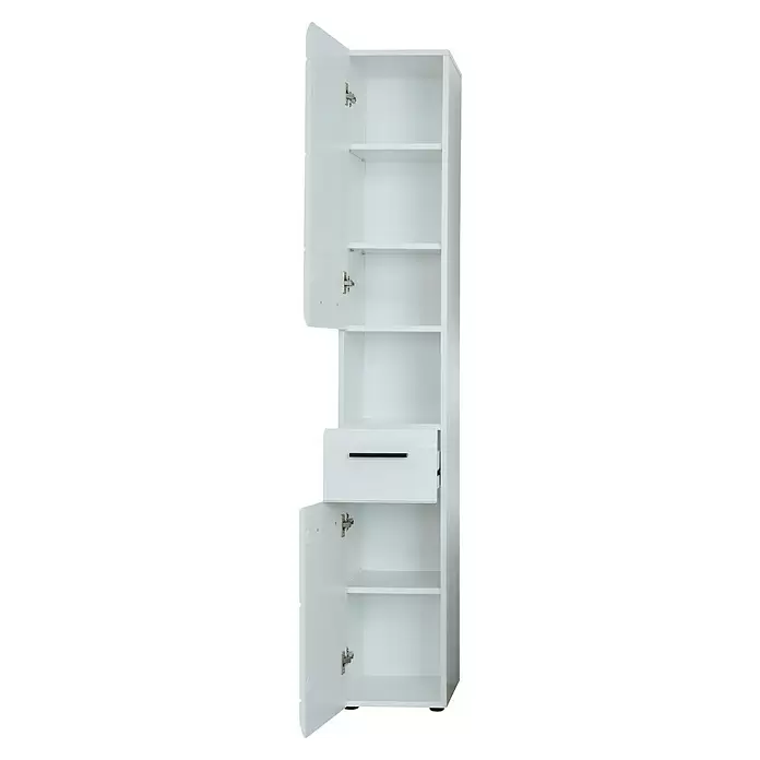 Trendteam Skin Hochschrank - 30 x 31 x 182 cm, Weiß, Mit offenem Fach - Hoher weißer Schrank mit offenen Türen, mehreren Regalböden und einer teilweise geöffneten Schublade mit schwarzem Griff.
