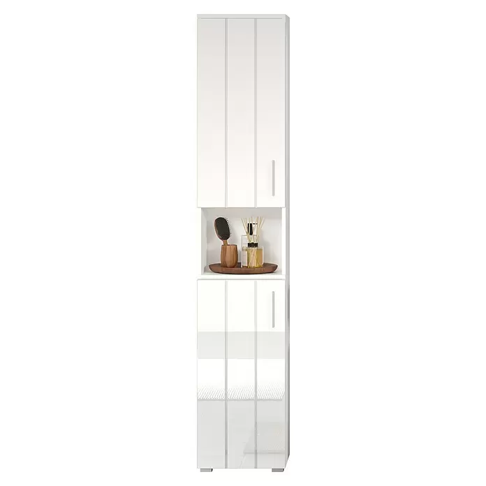 Trendteam Wons Hochschrank - 37 x 31 x 192 cm, Weiß - Hoher weißer Aufbewahrungsschrank mit Türen und einem mittigen offenen Regal, das eine Holzbürste, Diffusor, Tasse und Tablett zeigt.