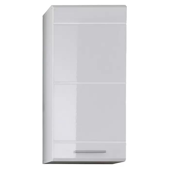 Trendteam Mezzo Hängeschrank - 37 x 23 x 77 cm, Weiß/Melinga Dark Oak - Weißer Hochglanz-Wandschrank mit zwei Türen und silbernem Griff, ideal für Küche oder Bad.