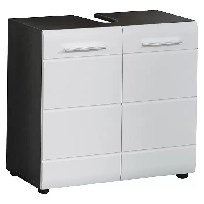 Trendteam Line Waschtischunterschrank - 60 x 31 x 57 cm, Sardegna Silber/Weiß, Glänzend - Weiß-dunkelbrauner Bad-Unterschrank mit Waschtisch-Ausschnitt und silbernen Griffen.